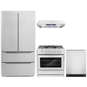 Cosmo 4-Piece, 36" Gas Range, 36" Range Hood, 24" Dishwasher and Refrigerator COS-4PKG-026