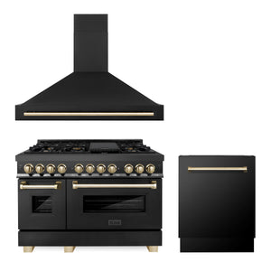 ZLINE 36" Autograph Edition Kitchen Package with Black Stainless Steel Dual Fuel Range, Range Hood and Dishwasher with Gold Accents