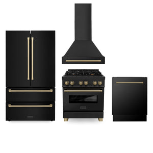 ZLINE 30" Autograph Edition Kitchen Package, Black Stainless Steel Dual Fuel Range, Range Hood, Dishwasher, Refrigeration, Champagne Bronze Accents