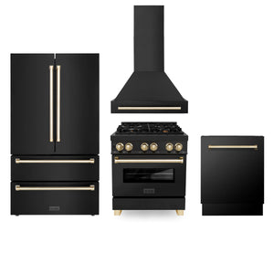 ZLINE 30" Autograph Edition Kitchen Package with Black Stainless Steel Dual Fuel Range, Range Hood, Dishwasher and Refrigeration with Gold Accents