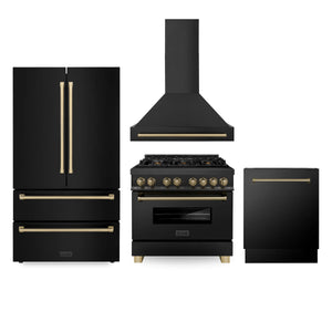 ZLINE 36" Autograph Edition Kitchen Package, Black Stainless Steel Dual Fuel Range, Range Hood, Dishwasher, Refrigeration, Champagne Bronze Accents