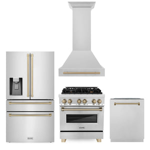 ZLINE 30" Autograph Edition Kitchen Package, Stainless Steel Dual Fuel Range, Range Hood, Dishwasher, Refrigeration, Champagne Bronze Accents