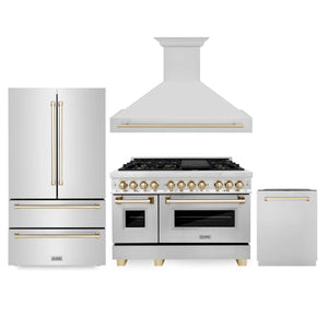 ZLINE 48" Autograph Edition Kitchen Package with Stainless Steel Dual Fuel Range, Range Hood, Dishwasher and Refrigeration with Gold Accents