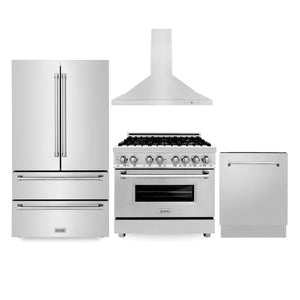 ZLINE Kitchen Package with Refrigeration, 36" Stainless Steel Dual Fuel Range, 36" Convertible Vent Range Hood and 24" Tall Tub Dishwasher