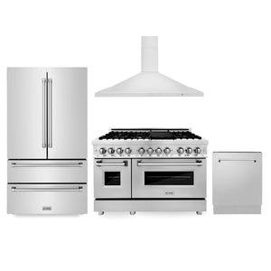 ZLINE Kitchen Package with Refrigeration, 48" Stainless Steel Dual Fuel Range, 48" Convertible Vent Range Hood and 24" Tall Tub Dishwasher