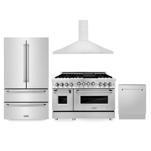 ZLINE Kitchen Package with Refrigeration, 48" Stainless Steel Gas Range, 48" Convertible Vent Range Hood and 24" Tall Tub Dishwasher