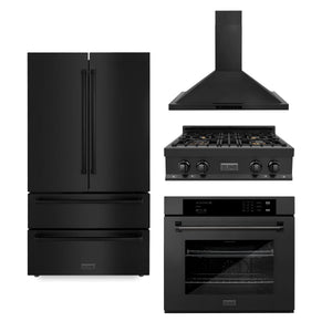 ZLINE Kitchen Package with Black Stainless Steel Refrigeration, 30" Rangetop, 30" Range Hood and 30" Single Wall Oven