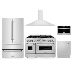 ZLINE Kitchen Package with Refrigeration, 48" Stainless Steel Gas Range, 48" Range Hood, Microwave Drawer, and 24" Tall Tub Dishwasher