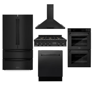 ZLINE Kitchen Package with Black Stainless Steel Refrigeration, 36" Rangetop, 36" Range Hood, 30" Double Wall Oven, and 24" Tall Tub Dishwasher