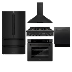 ZLINE Kitchen Package with Black Stainless Steel Refrigeration, 36" Rangetop, 36" Range Hood, 30" Single Wall Oven, and 24" Tall Tub Dishwasher