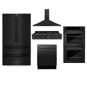 ZLINE Kitchen Package with Black Stainless Steel Refrigeration, 48" Rangetop, 48" Range Hood, 30" Double Wall Oven, and 24" Tall Tub Dishwasher