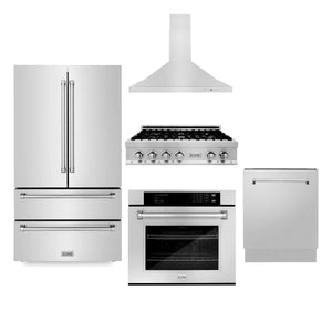 ZLINE Kitchen Package with Refrigeration, 36" Stainless Steel Rangetop, 36" Range Hood, 30" Single Wall Oven and 24" Tall Tub Dishwasher