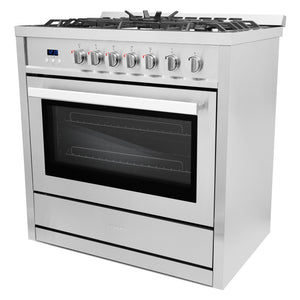 Cosmo 36 in. 3.8 cu. ft. Single Oven Gas Range with 5 Burner Cooktop and Heavy Duty Cast Iron Grates in Stainless Steel