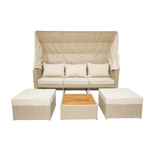 Deko Living - Outdoor Wicker Patio Sofa with Canopy & Ottoman Set