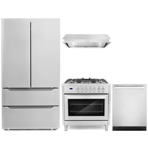 Cosmo 4-Piece, 36" Dual Fuel Range, 36" Range Hood, Dishwasher and Refrigerator COS-4PKG-077