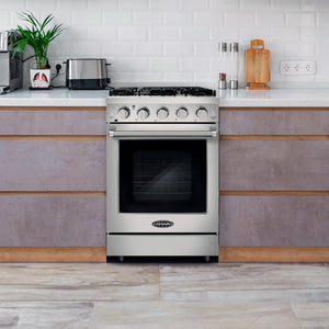 Cosmo 24 in. Slide-In Freestanding Gas Range with 4 Sealed Burners, Cast Iron Grates, 3.73 cu. ft. Capacity Convection Oven in Stainless Steel