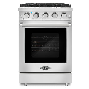 Cosmo 24 in. Slide-In Freestanding Gas Range with 4 Sealed Burners, Cast Iron Grates, 3.73 cu. ft. Capacity Convection Oven in Stainless Steel