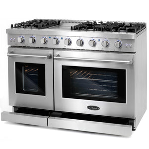 Cosmo 48 in. 6.8 cu. ft. Double Oven Commercial Gas Range with Fan Assist Convection Oven in Stainless Steel Storage Drawer