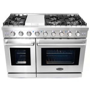 Cosmo 48 in. 6.8 cu. ft. Double Oven Commercial Gas Range with Fan Assist Convection Oven in Stainless Steel Storage Drawer