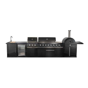 FORNO - All'Aperto 99,600 BTU BBQ with 5 Stainless-Steel Burners with Infrared Burners & Side Burner, Sink Module with Black Sintered Stone Countertops, Plancha, Gas Pizza Oven, Bar & Beverage Center