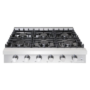 Cosmo 36 in. Slide-In Counter Gas Cooktop with 6 Sealed Italian Burners, Black Porcelain Surface, Cast Iron Grates, Metal Knobs in Stainless Steel