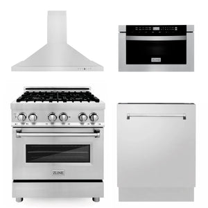 ZLINE 30" Kitchen Package with Stainless Steel Dual Fuel Range, Range Hood, Microwave Drawer and Tall Tub Dishwasher