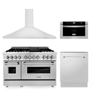 ZLINE 48" Kitchen Package with Stainless Steel Dual Fuel Range, Range Hood, Microwave Drawer and Tall Tub Dishwasher