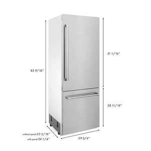 ZLINE 30" 16.1 cu. ft. Built-In 2-Door Bottom Freezer Refrigerator, Internal Water, Ice Dispenser in Fingerprint Resistant Stainless Steel