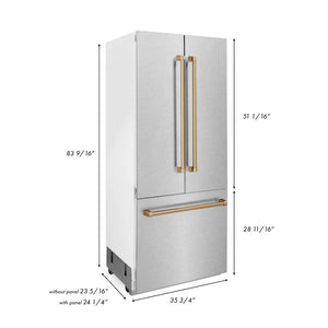 ZLINE 36” Autograph Edition 19.6 cu. ft. Built-in 3-Door French Door Refrigerator,Internal Water, Ice Dispenser, Fingerprint Resistant Stainless Steel,Champagne Bronze Accents