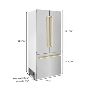 ZLINE 36" Autograph Edition 19.6 cu. ft. Built-in 3-Door French Door Refrigerator, Internal Water,Ice Dispenser,Fingerprint Resistant Stainless Steel,Gold Accents