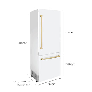 ZLINE 30" Autograph Edition 16.1 cu. ft. Built-in 2-Door Bottom Freezer Refrigerator, Internal Water, Ice Dispenser, White Matte,Champagne Bronze Accents