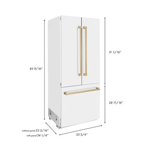 ZLINE 36" Autograph Edition 19.6 cu. ft. Built-in 3-Door French Door Refrigerator, Internal Water,Ice Dispenser, White Matte,Champagne Bronze Accents