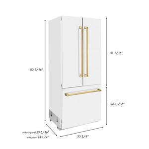 ZLINE 36" Autograph Edition 19.6 cu. ft. Built-in 3-Door French Door Refrigerator,Internal Water, Ice Dispenser, White Matte, Gold Accents