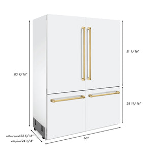 ZLINE 60" Autograph Edition 32.2 cu. ft. Built-in 4-Door French Door Refrigerator, Internal Water, Ice Dispenser, White Matte, Gold Accents