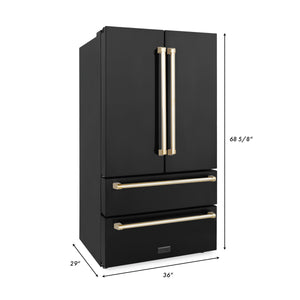 ZLINE 36" Autograph Edition 22.5 cu. ft French Door Refrigerator, Ice Maker in Fingerprint Resistant Black Stainless Steel, Gold Accents