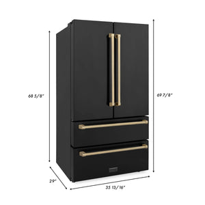 ZLINE 36" Autograph Edition 22.5 cu. ft French Door Refrigerator, Ice Maker in Fingerprint Resistant Black Stainless Steel, Champagne Bronze Accents