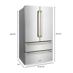 ZLINE 36" Autograph Edition 22.5 cu. ft French Door Refrigerator, Ice Maker in Fingerprint Resistant Stainless Steel, Gold Accents