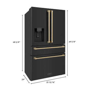 ZLINE 36" Autograph Edition 21.6 cu. ft French Door Refrigerator, Water, Ice Dispenser in Black Stainless Steel, Champagne Bronze Handles