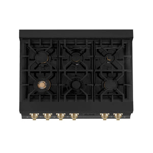 ZLINE Autograph Edition 36" Porcelain Rangetop with 6 Gas Burners in Black Stainless Steel and Gold Accents (RTBZ-36-G)