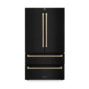 ZLINE 36" Autograph Edition 22.5 cu. ft French Door Refrigerator, Ice Maker in Fingerprint Resistant Black Stainless Steel, Champagne Bronze Accents