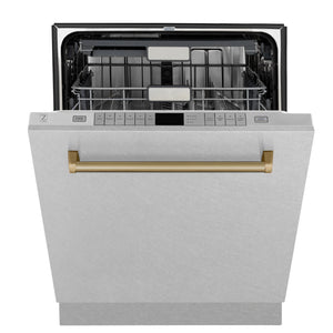 ZLINE Autograph Edition 24" 3rd Rack Top Touch Control Tall Tub Dishwasher in DuraSnow® Stainless Steel, Champagne Bronze Handle