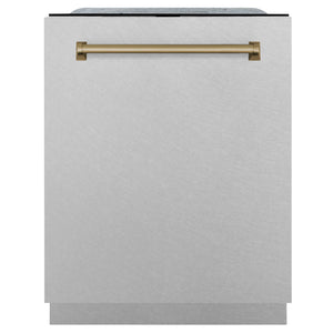 ZLINE Autograph Edition 24" 3rd Rack Top Touch Control Tall Tub Dishwasher in DuraSnow® Stainless Steel, Champagne Bronze Handle