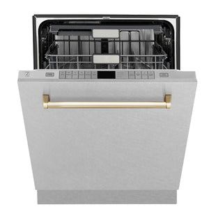 ZLINE Autograph Edition 24" 3rd Rack Top Touch Control Tall Tub Dishwasher in DuraSnow® Stainless Steel with Gold Handle, 45dBa (DWMTZ-SN-24-G)