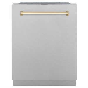 ZLINE Autograph Edition 24" 3rd Rack Top Touch Control Tall Tub Dishwasher in DuraSnow® Stainless Steel with Gold Handle, 45dBa (DWMTZ-SN-24-G)