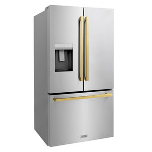 ZLINE Autograph Edition 36 in. 28.9 cu. ft. Standard-Depth French Door External Water Dispenser Refrigerator with Dual Ice Maker in Fingerprint Resistant Stainless Steel and Polished Gold Square Handles (RSMZ-W-36-FG)