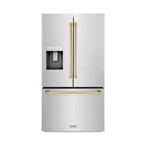 ZLINE Autograph Edition 36 in. 28.9 cu. ft. Standard-Depth French Door External Water Dispenser Refrigerator with Dual Ice Maker in Fingerprint Resistant Stainless Steel and Polished Gold Handles (RSMZ-W-36-G)