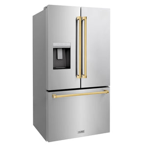 ZLINE Autograph Edition 36 in. 28.9 cu. ft. Standard-Depth French Door External Water Dispenser Refrigerator with Dual Ice Maker in Fingerprint Resistant Stainless Steel and Polished Gold Handles (RSMZ-W-36-G)