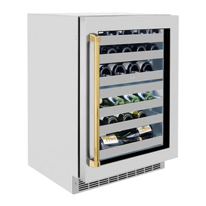 ZLINE Autograph Edition 24 in. Touchstone Dual Zone 44 Bottle Wine Cooler With Stainless Steel Glass Door And Polished Gold Handle (RWDOZ-GS-24-G)