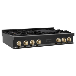 ZLINE Autograph Edition 48" Porcelain Rangetop with 7 Gas Burners in Black Stainless Steel and Gold Accents (RTBZ-48-G)