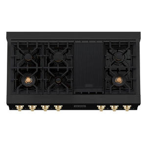 ZLINE Autograph Edition 48" Porcelain Rangetop with 7 Gas Burners in Black Stainless Steel and Gold Accents (RTBZ-48-G)